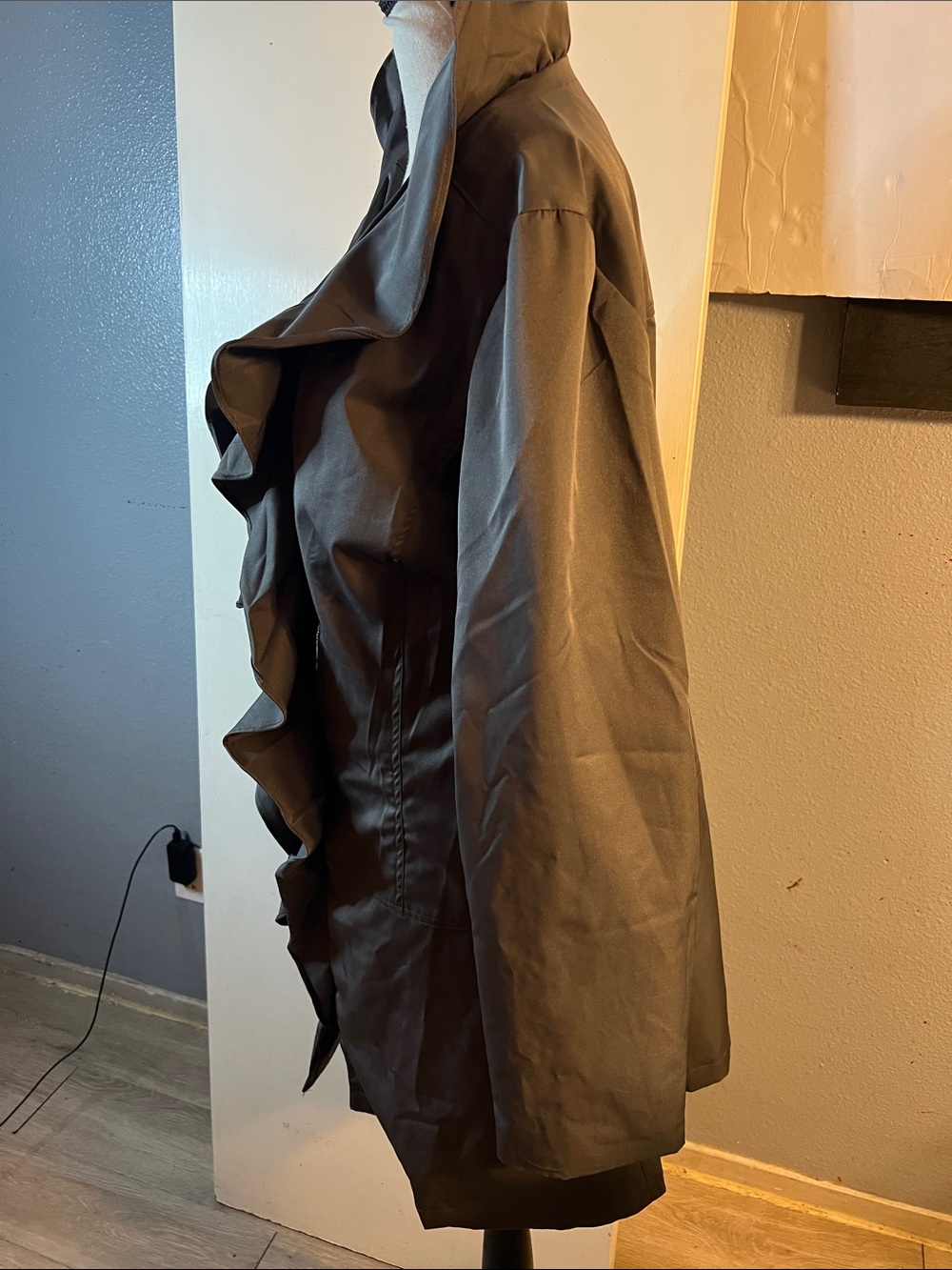 Women's Ruffle-Front Long Jacket - Black - Picture 3 of 13